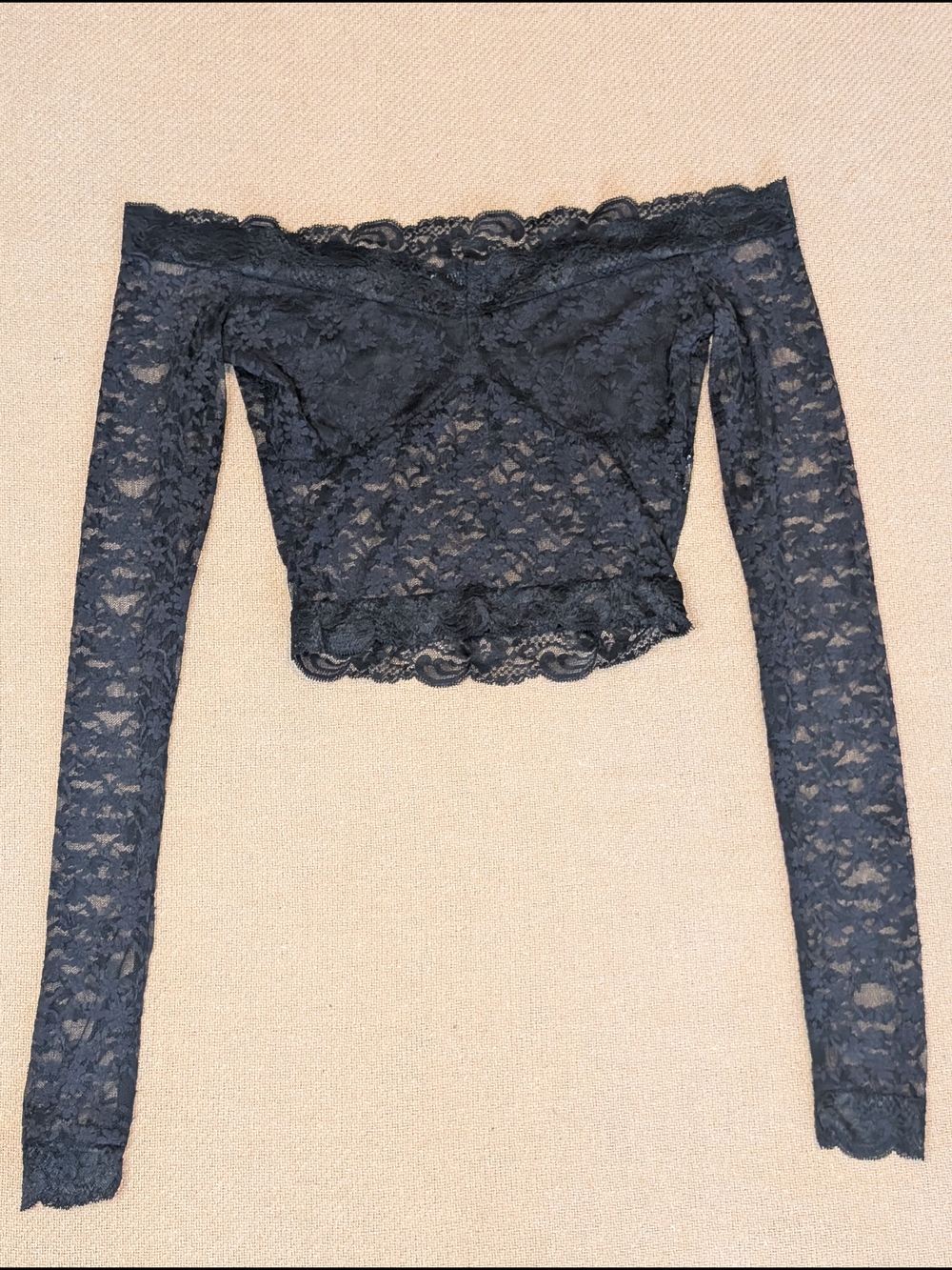 PrettyLittleThing Black Off-Shoulder Lace Long Sleeve Crop Top